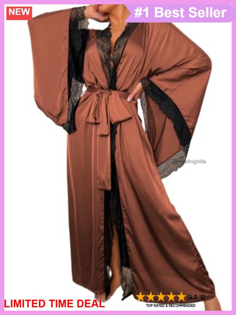 Silk Long Robe Satin Lace-Trim Bridal Kimono Lightweight